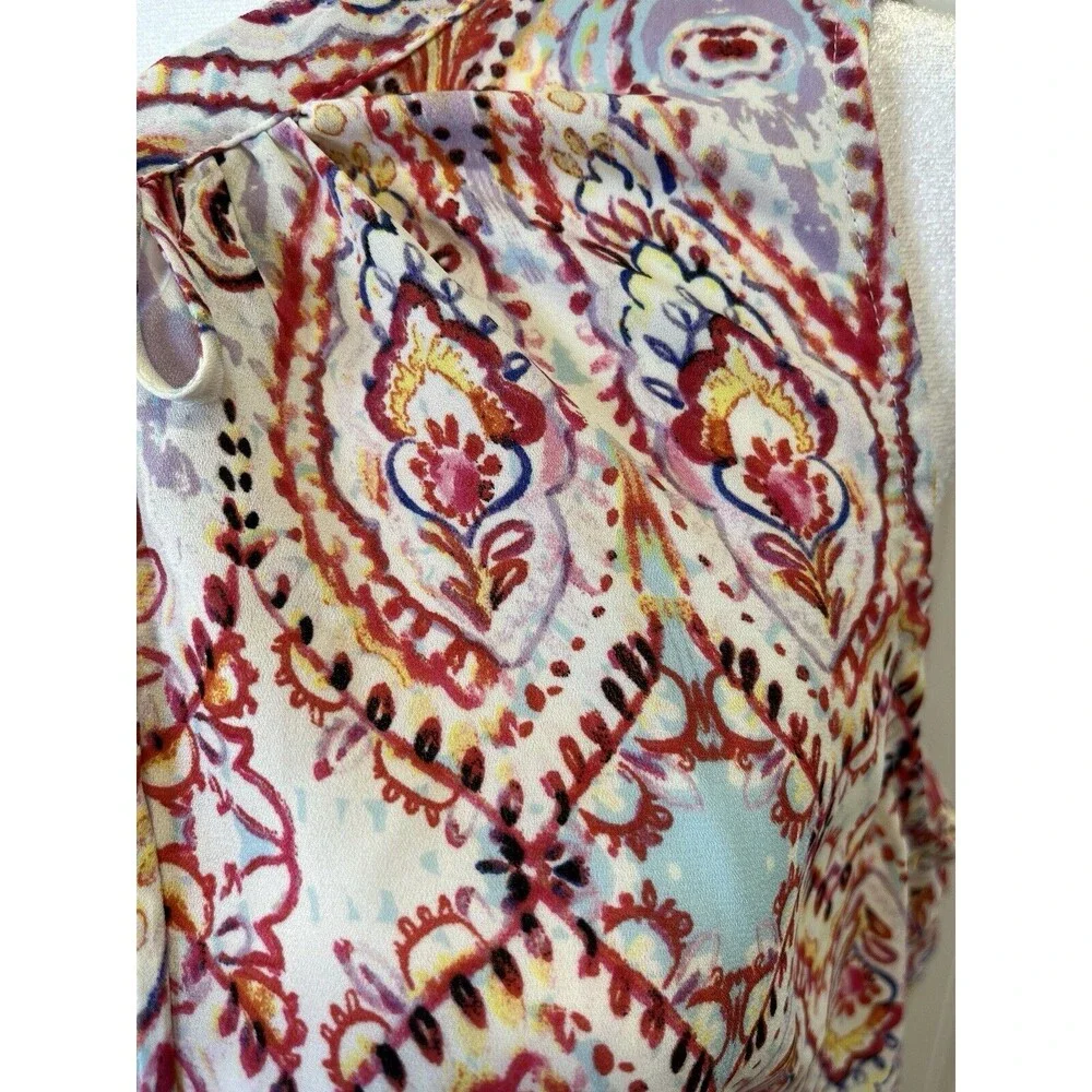 Rose & Olive Sleeveless Peasant Style Blouse, Tie Neck,‎ Gorgeous Colors, Sz Med - Picture 3 of 11